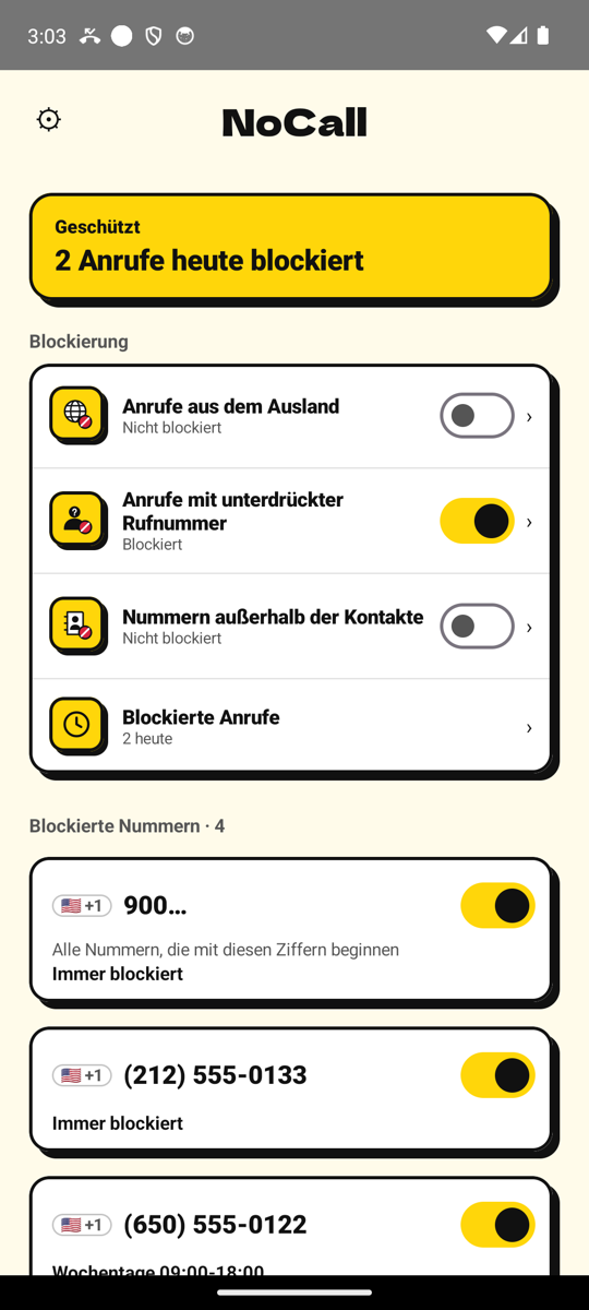 NoCall-Startbildschirm: Schutz aktiv, heute 2 Anrufe blockiert, mit Liste der blockierten Nummern
