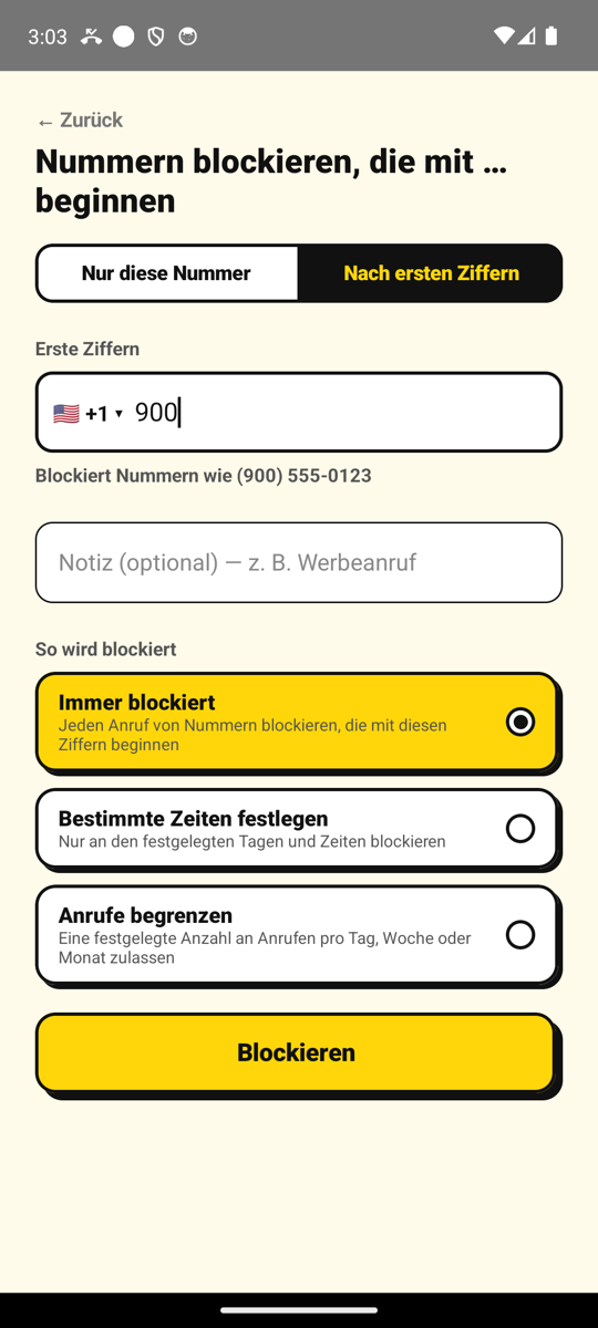 Blockieren aller Nummern, die mit 900 beginnen, auf dem Bildschirm „Nummer hinzufügen“