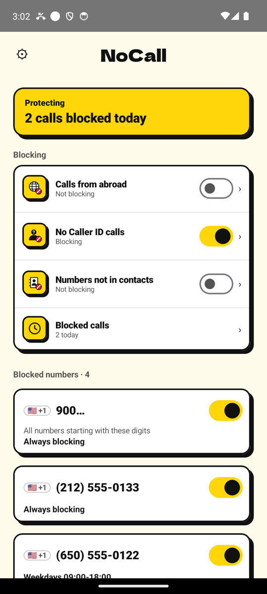 NoCall home screen: Protecting, 2 calls blocked today, with the blocked numbers listed