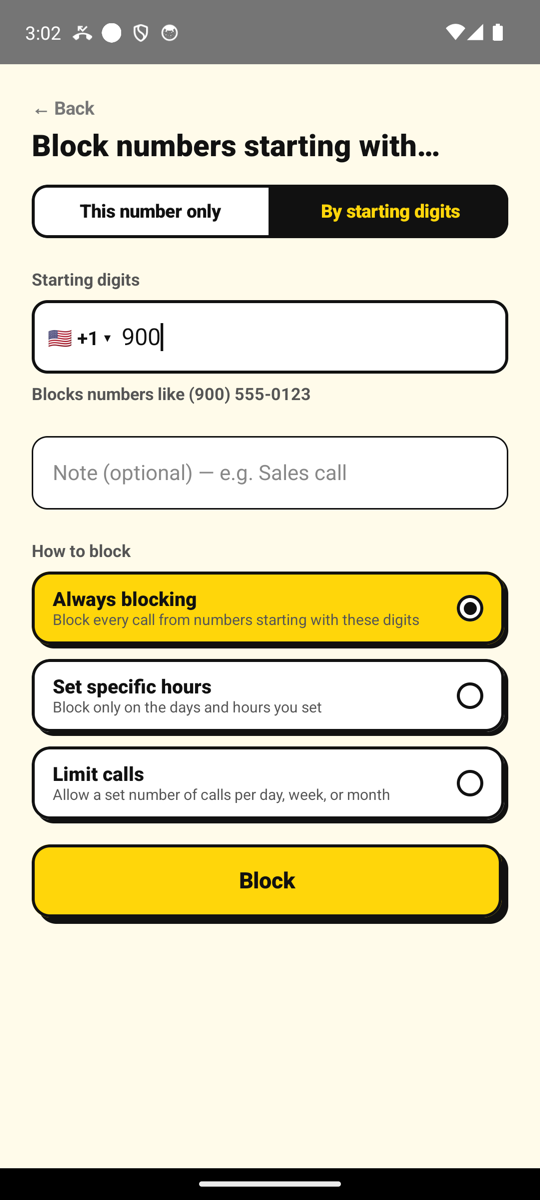 Blocking every number that starts with 900 on the Add number screen