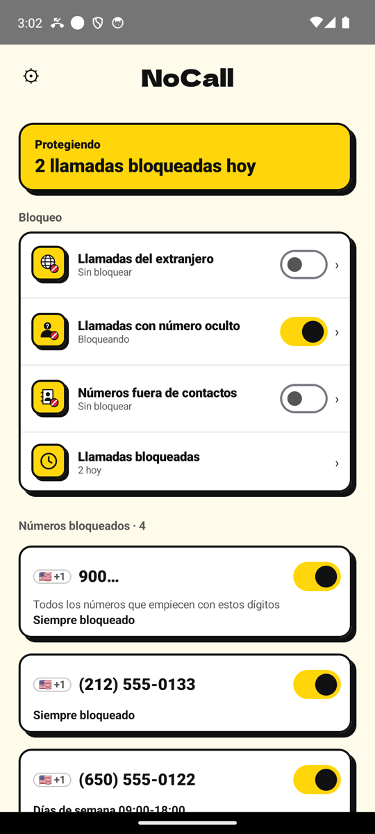 Pantalla principal de NoCall: Protegiendo, 2 llamadas bloqueadas hoy, con la lista de números bloqueados