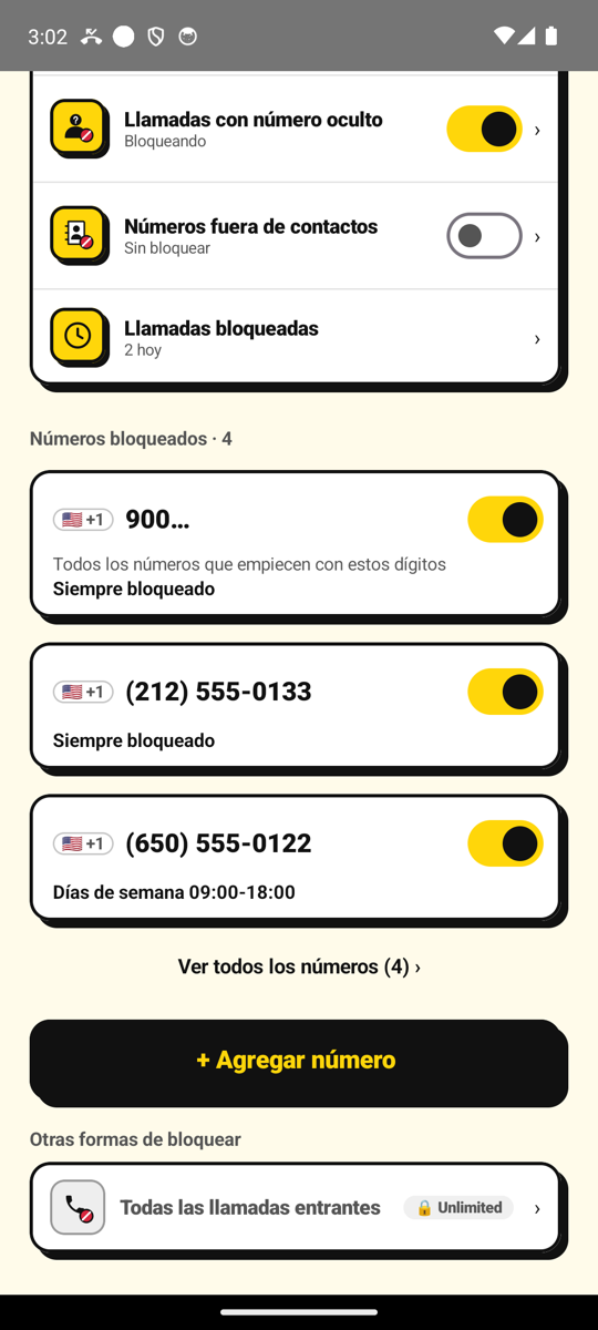 Números bloqueados en la pantalla principal de NoCall, con el botón Agregar número