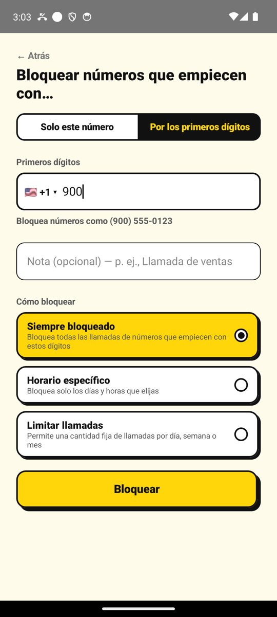 Bloqueo de todos los números que empiezan con 900 en la pantalla Agregar número