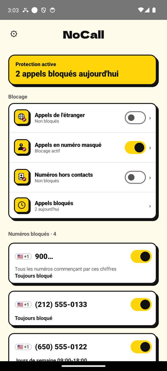 Écran d'accueil de NoCall : Protection active, 2 appels bloqués aujourd'hui, avec la liste des numéros bloqués