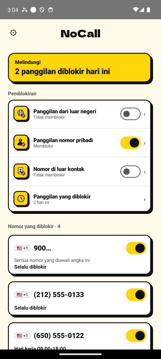 Layar utama NoCall: Melindungi, 2 panggilan diblokir hari ini, dengan daftar nomor yang diblokir