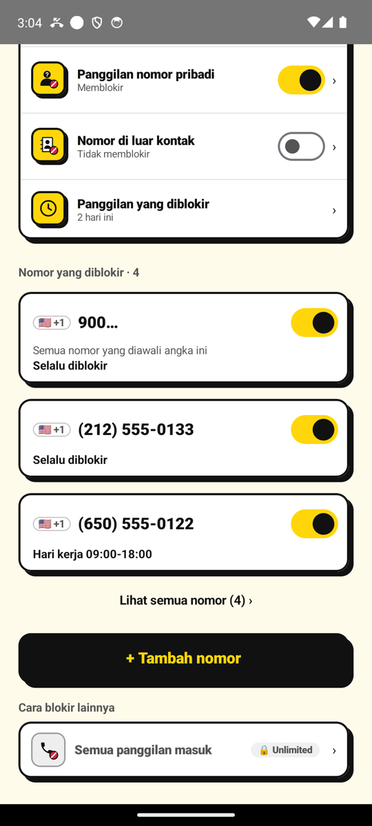 Nomor yang diblokir di layar utama NoCall, dengan tombol Tambah nomor