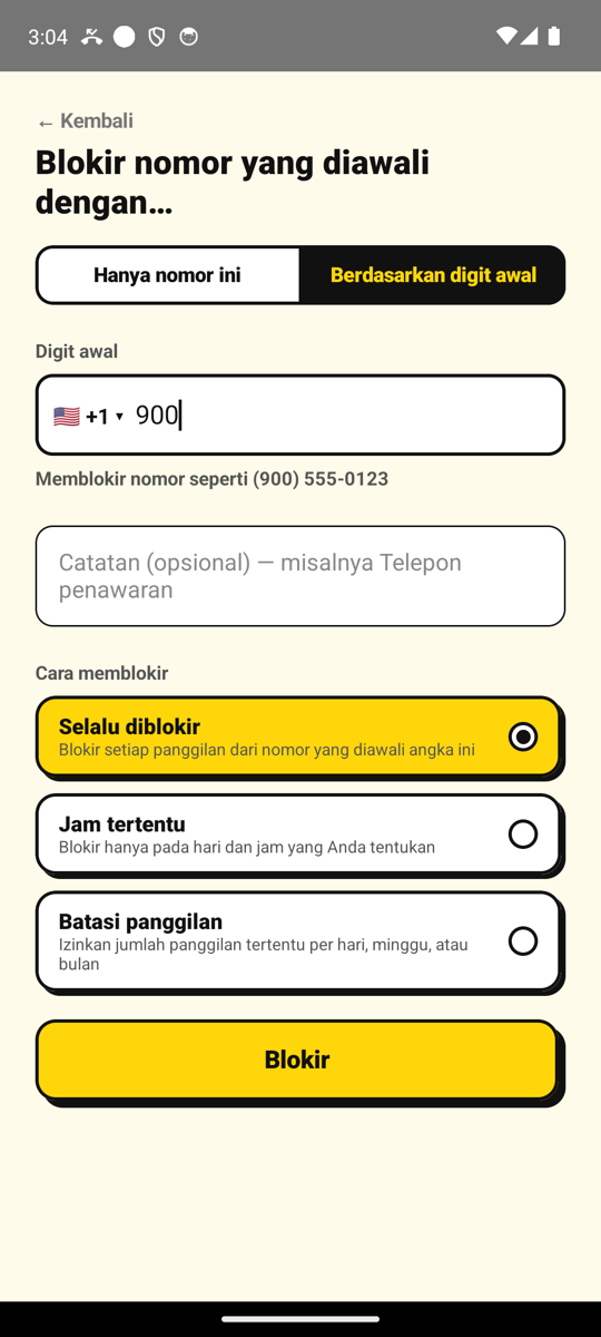 Memblokir semua nomor yang diawali 900 di layar Tambah nomor
