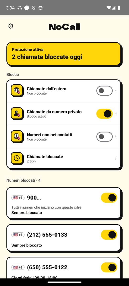 Schermata iniziale di NoCall: protezione attiva, 2 chiamate bloccate oggi, con l'elenco dei numeri bloccati