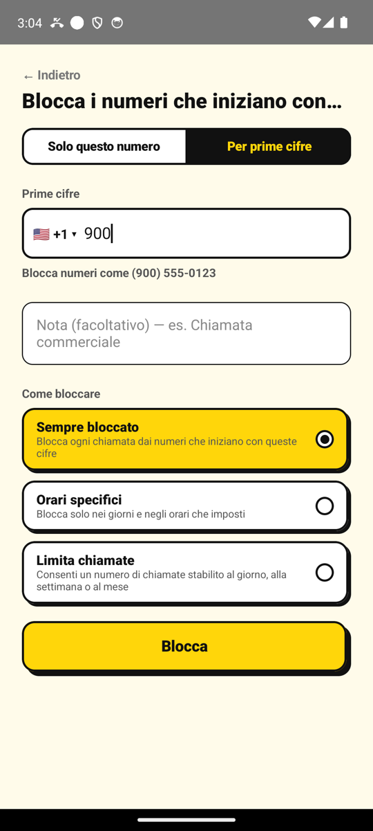 Blocco di tutti i numeri che iniziano con 900 nella schermata Aggiungi numero