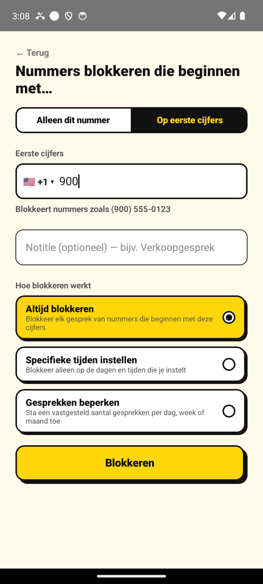 Alle nummers die beginnen met 900 blokkeren op het scherm Nummer toevoegen