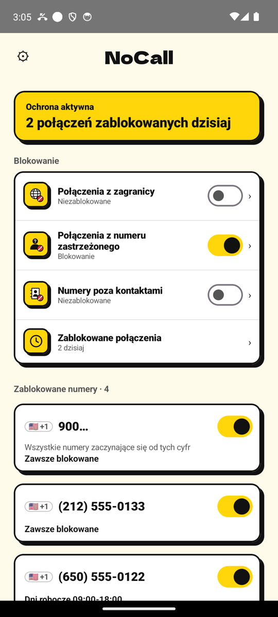 Ekran główny NoCall: ochrona włączona, dziś zablokowano 2 połączenia, z listą zablokowanych numerów
