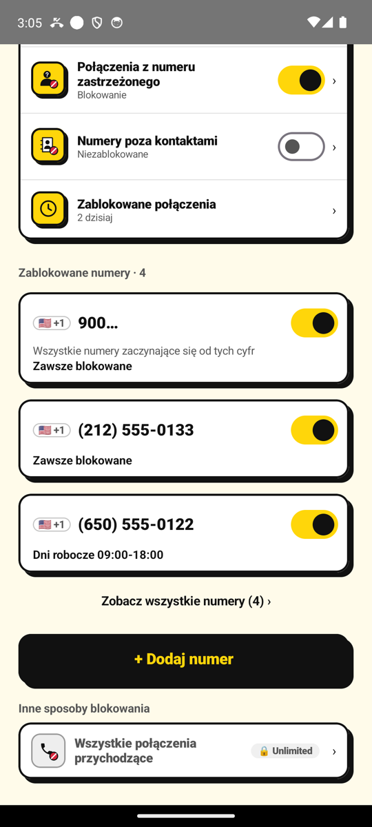 Zablokowane numery na ekranie głównym NoCall z przyciskiem „Dodaj numer”