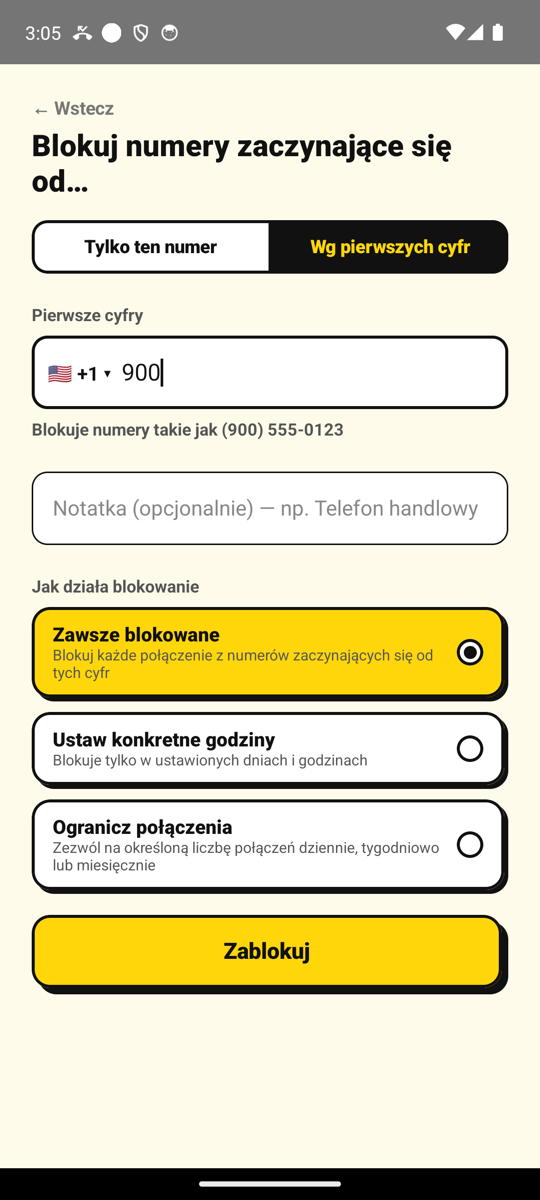 Blokowanie wszystkich numerów zaczynających się od 900 na ekranie dodawania numeru