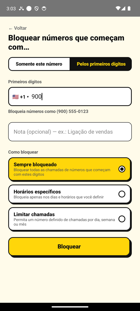 Bloqueando todos os números que começam com 900 na tela Adicionar número