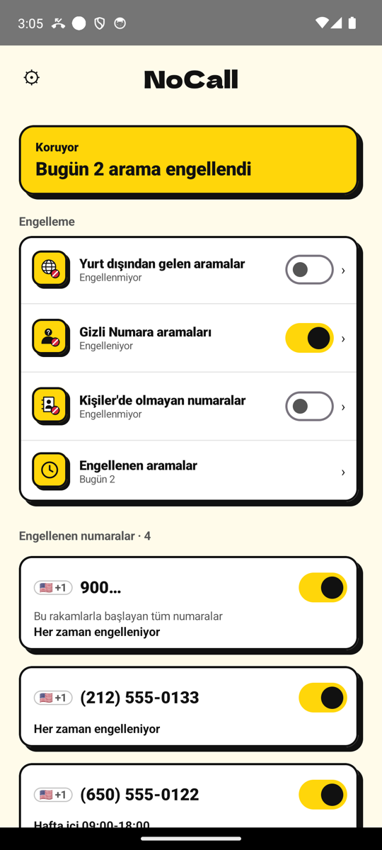 NoCall ana ekranı: Koruma açık, bugün 2 arama engellendi, engellenen numaraların listesiyle