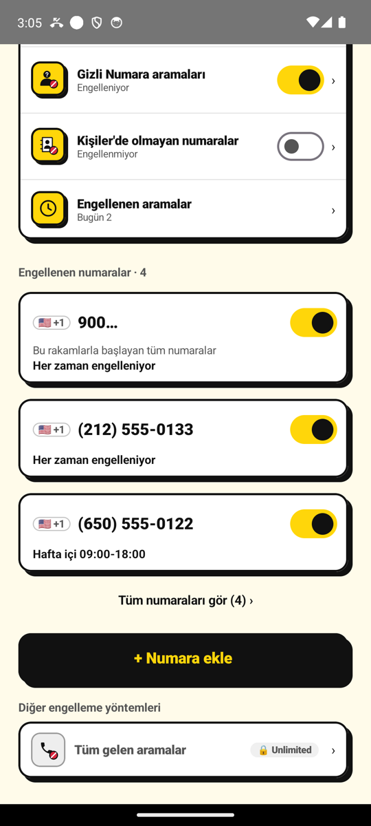 NoCall ana ekranında engellenen numaralar ve