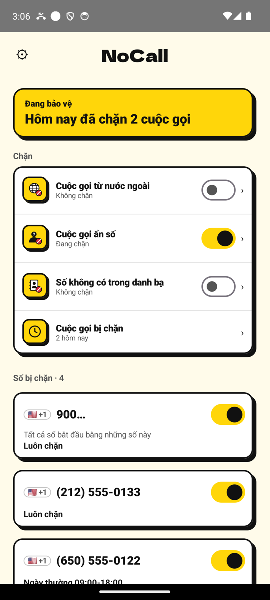Màn hình chính NoCall: Đang bảo vệ, 2 cuộc gọi bị chặn hôm nay, kèm danh sách số bị chặn