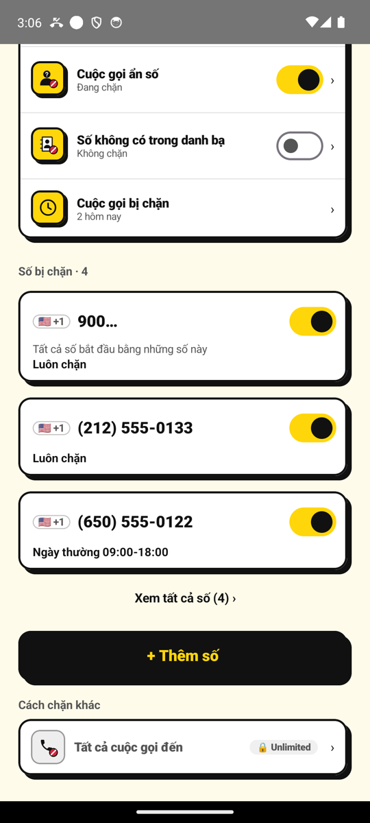 Danh sách số bị chặn trên màn hình chính NoCall, cùng nút Thêm số