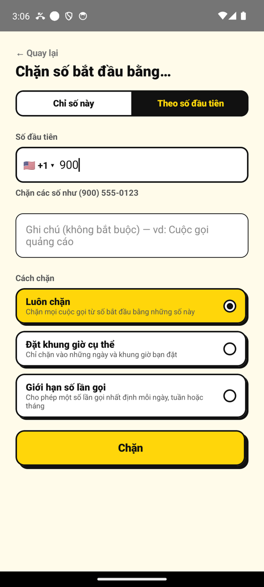 Chặn mọi số bắt đầu bằng 900 trên màn hình Thêm số