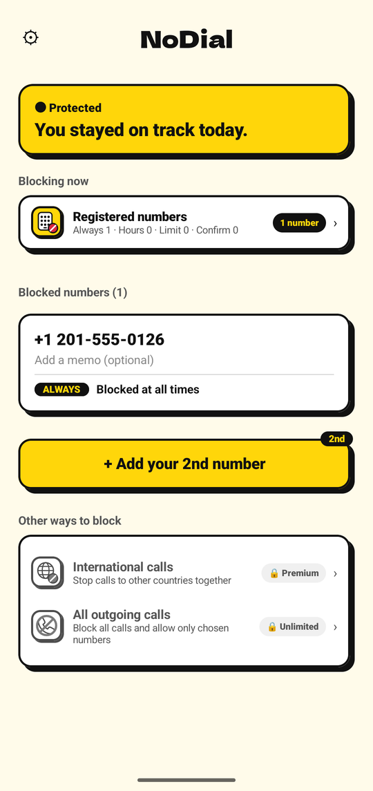 NoDial home screen: Protected, with one blocked number and its schedule