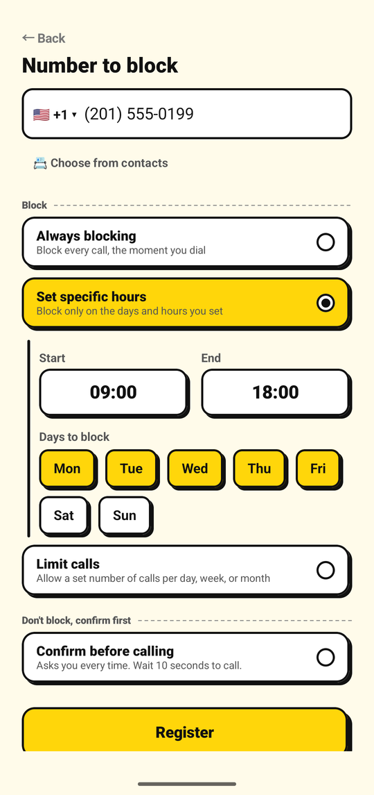 Setting the days and hours to block a number